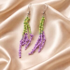 Lavender Seed Bead Dangle Earrings, Purple Green Beaded Earrings, Floral Inspire